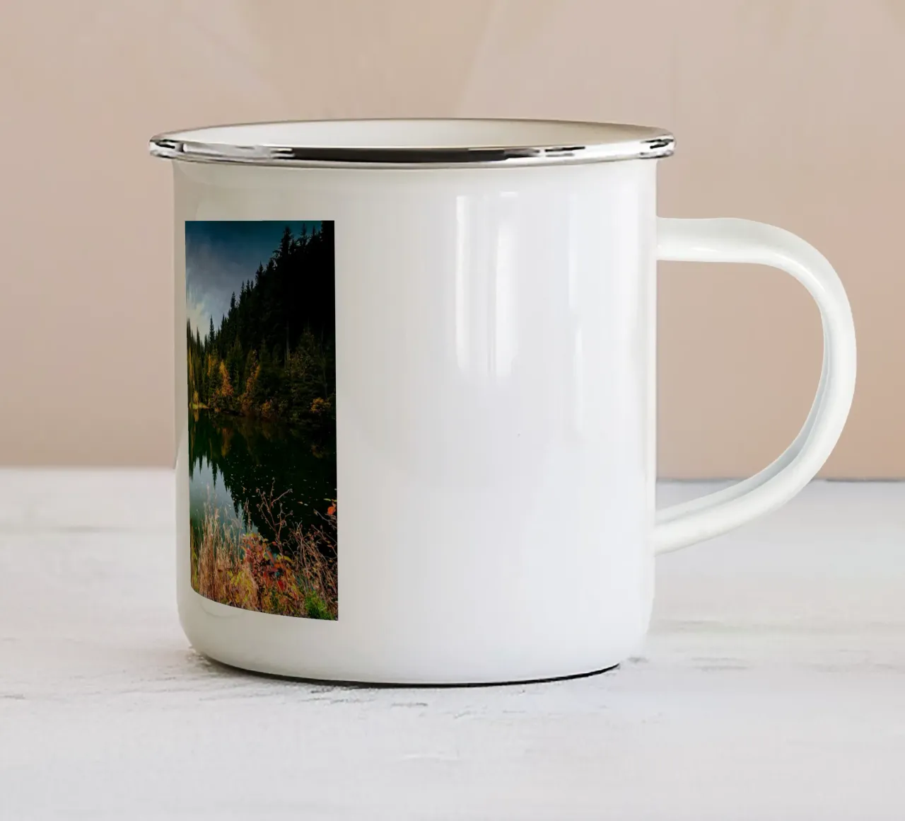 Reflection of the trees in the "Kleiner See" lake in Oberwiesenthal enamel mug by Marcus Beckert | Fotografie