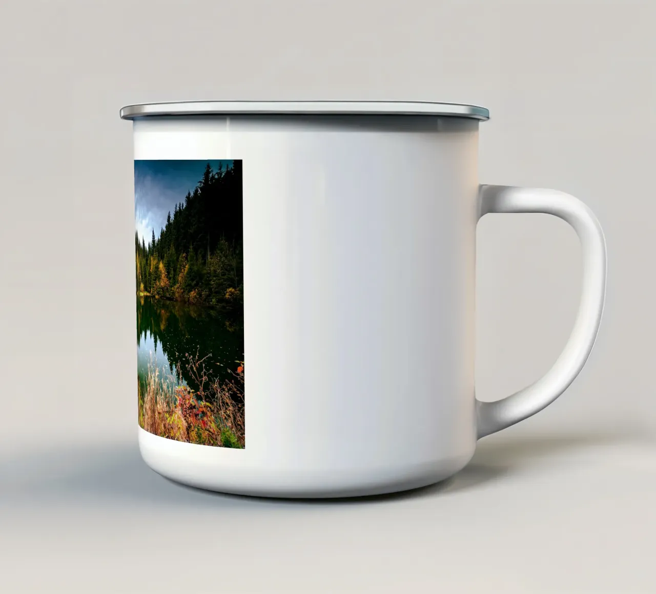 Reflection of the trees in the "Kleiner See" lake in Oberwiesenthal enamel mug by Marcus Beckert | Fotografie