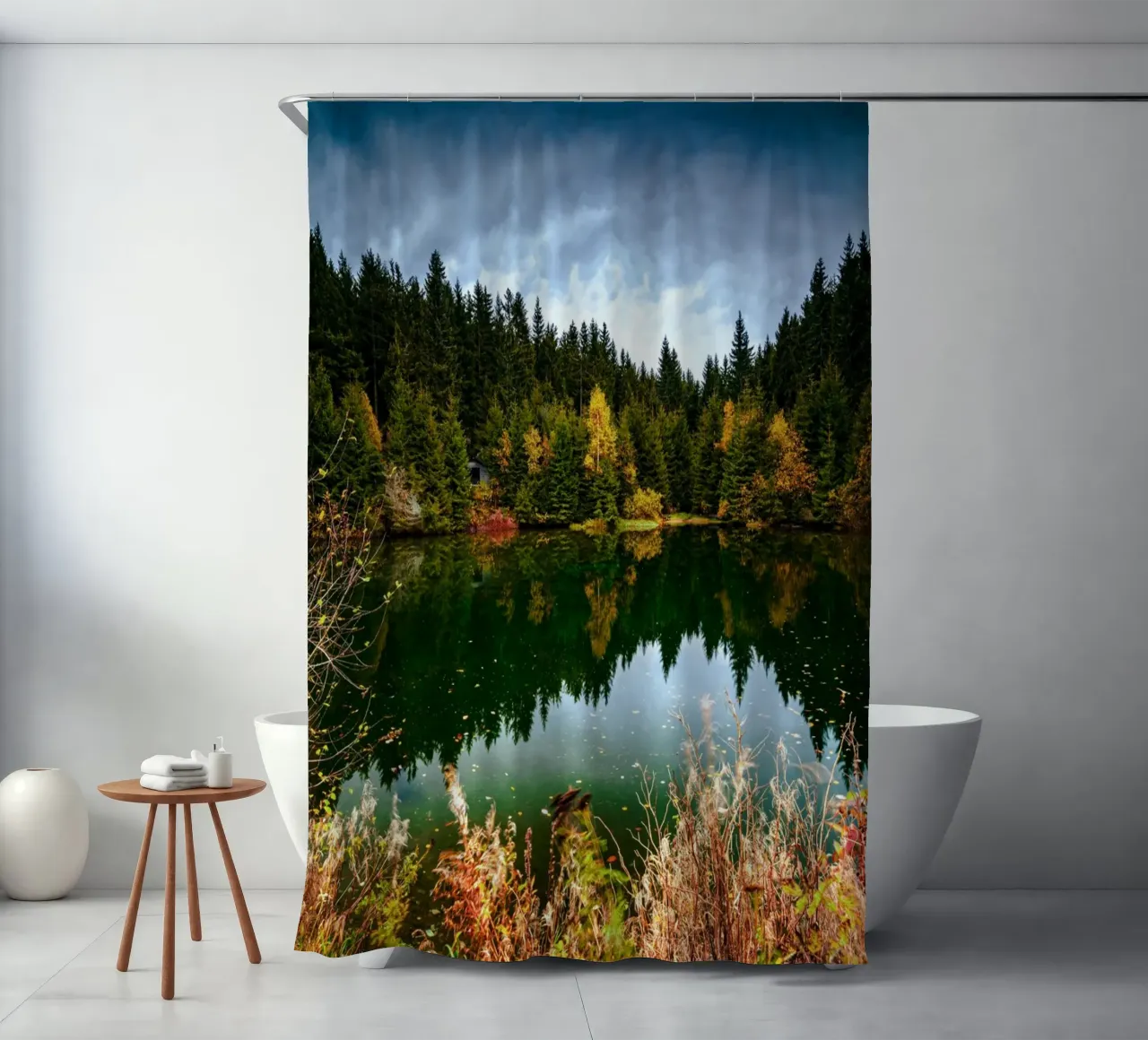 Reflection of the trees in the "Kleiner See" lake in Oberwiesenthal shower curtain by Marcus Beckert | Fotografie