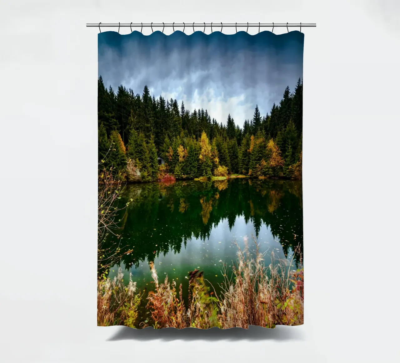 Reflection of the trees in the "Kleiner See" lake in Oberwiesenthal shower curtain by Marcus Beckert | Fotografie