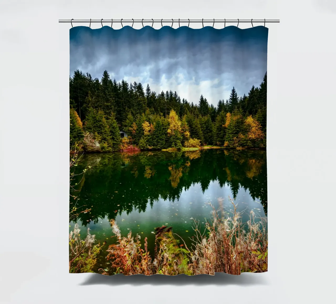 Reflection of the trees in the "Kleiner See" lake in Oberwiesenthal shower curtain by Marcus Beckert | Fotografie
