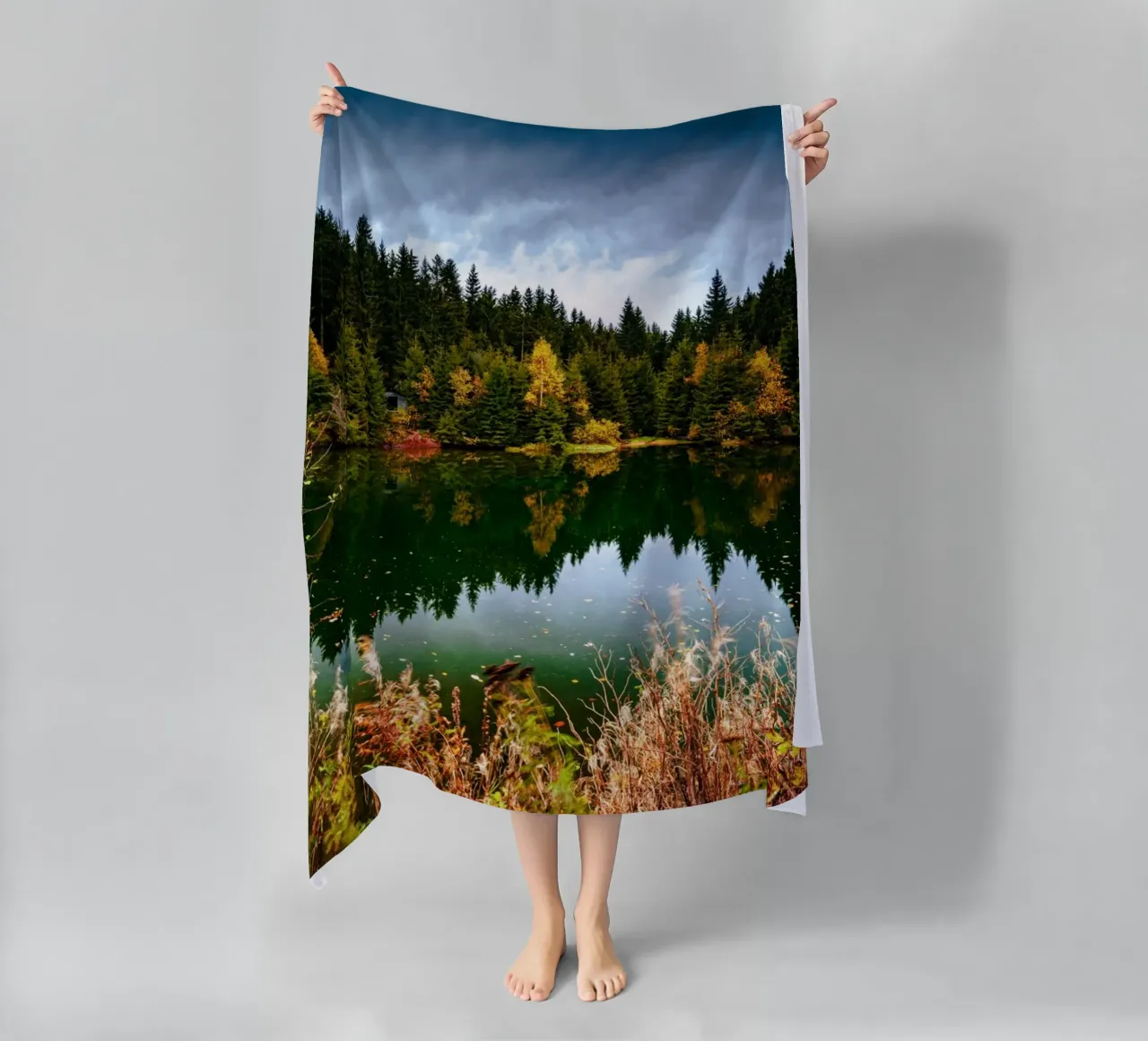 Reflection of the trees in the "Kleiner See" lake in Oberwiesenthal beach towel by Marcus Beckert | Fotografie