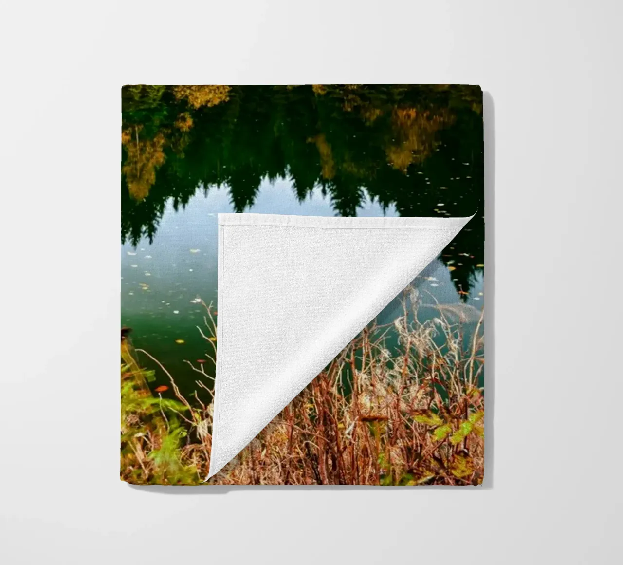 Reflection of the trees in the "Kleiner See" lake in Oberwiesenthal beach towel by Marcus Beckert | Fotografie