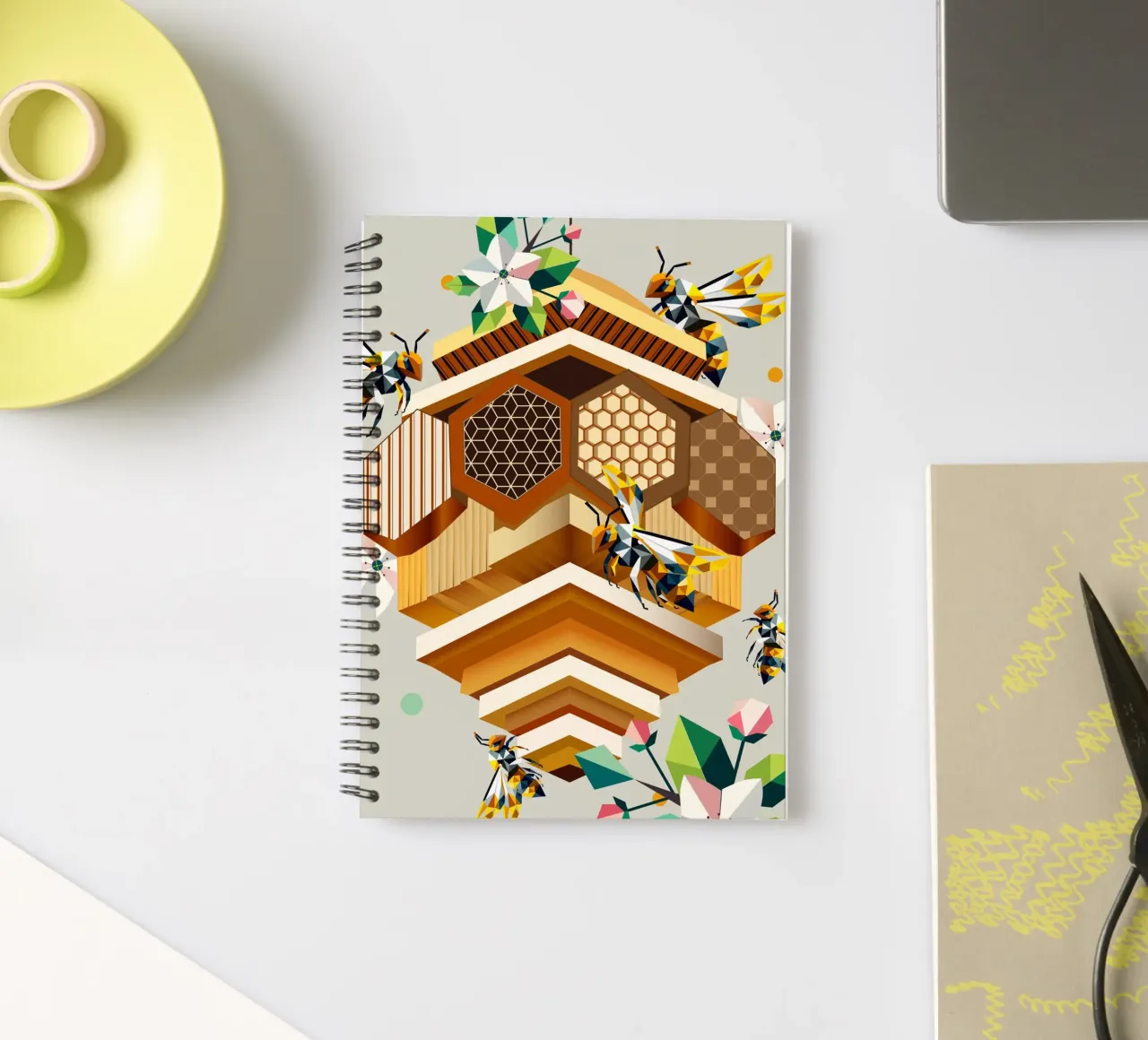 Beehive, swarming with bees and apple blossoms spiral notebook by namosh