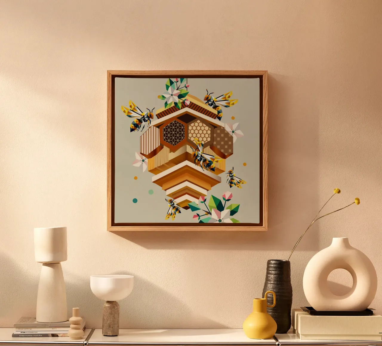 Beehive, swarming with bees and apple blossoms canvas by namosh