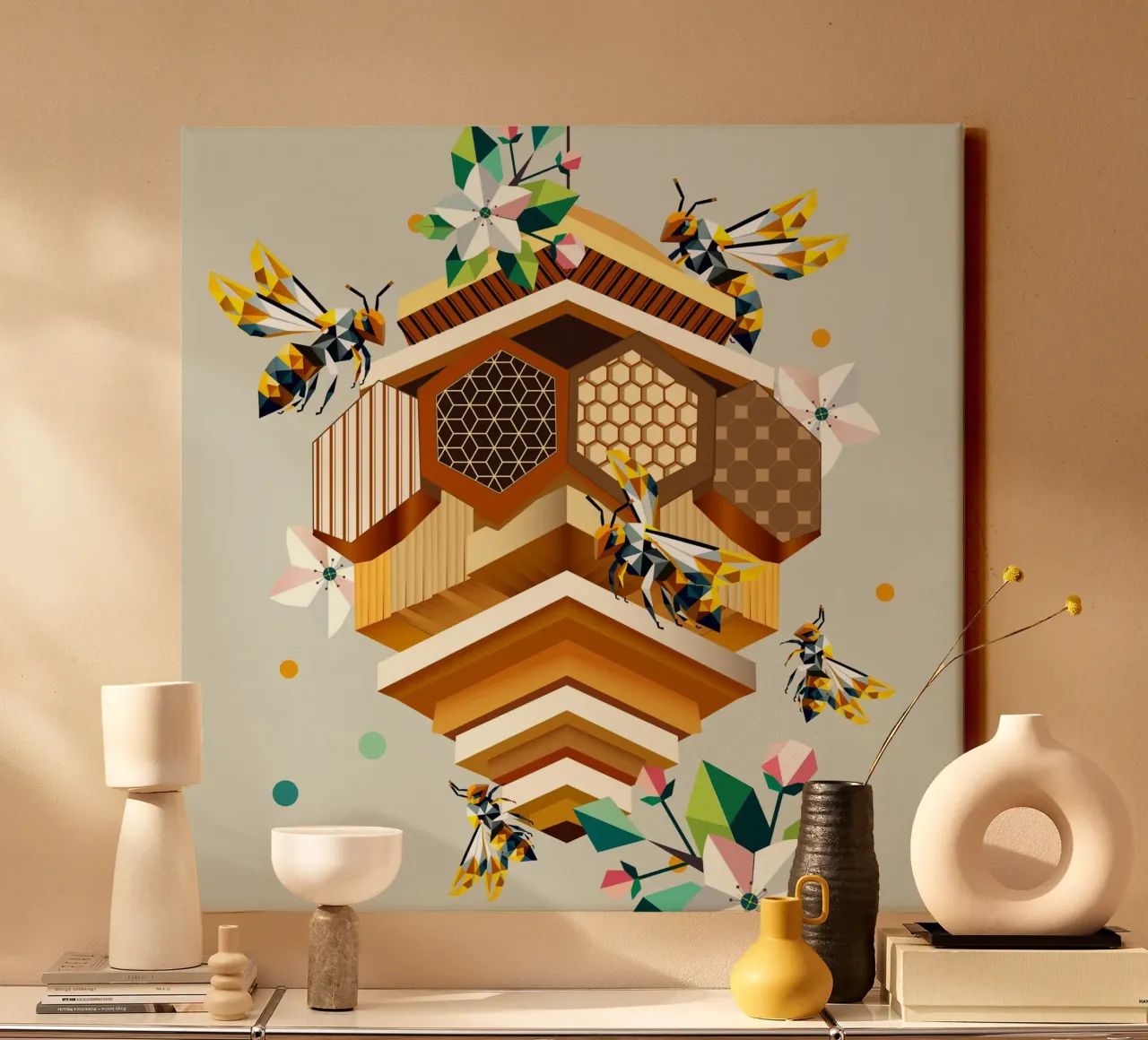 Beehive, swarming with bees and apple blossoms canvas by namosh