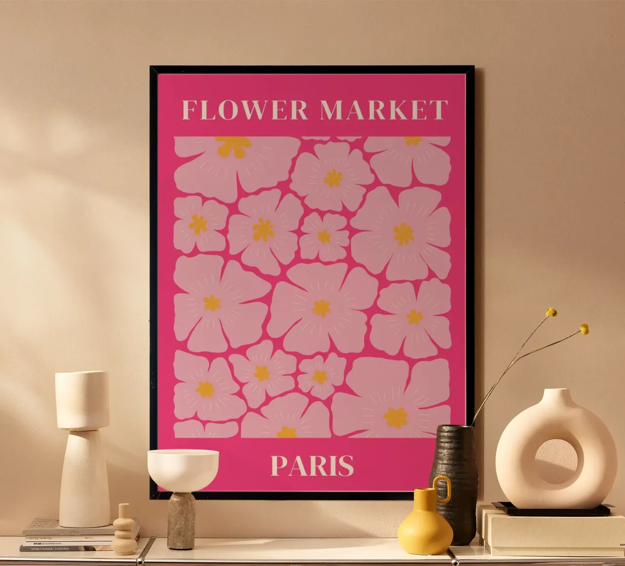 Bloemenmarkt, Parijs, bloemsierkunst, abstracte bloem poster met kunststof frame van pdigitalprints