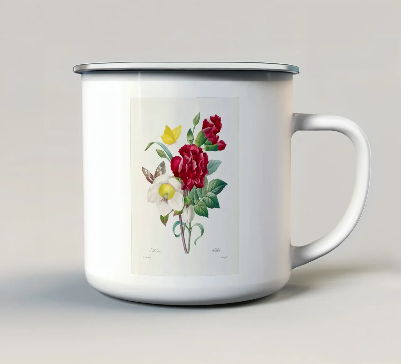 "Elleboro e Oeillet" di Pierre-Joseph Redouté tazza in smalto da Vintage Botanical Prints