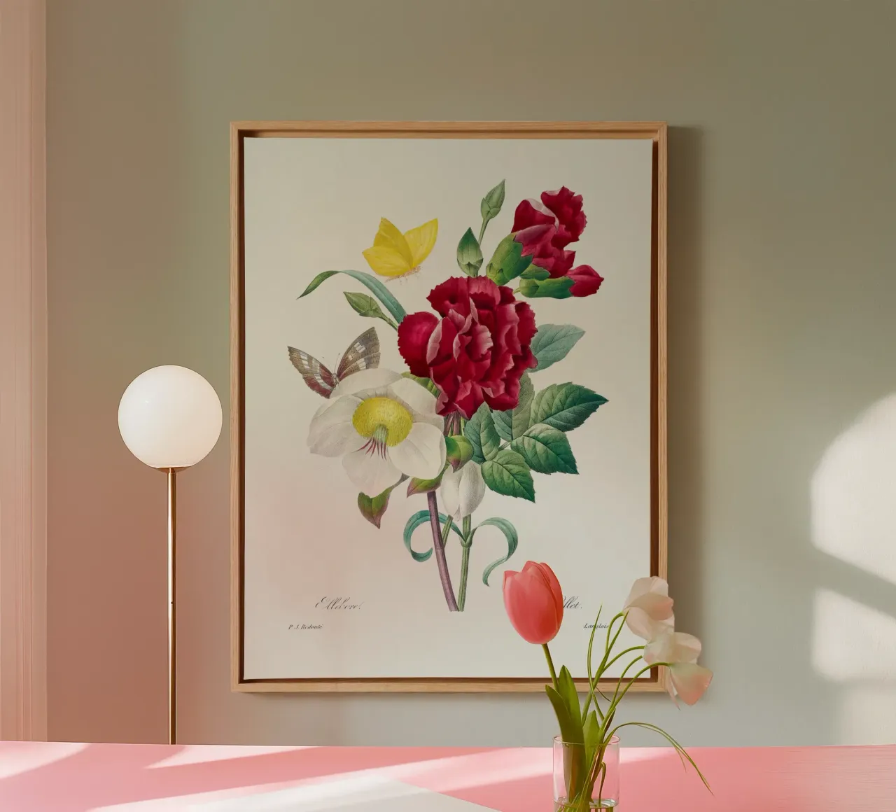 "Hellebore and Oeillet" by Pierre-Joseph Redouté canvas with Floater frame by Vintage Botanical Prints
