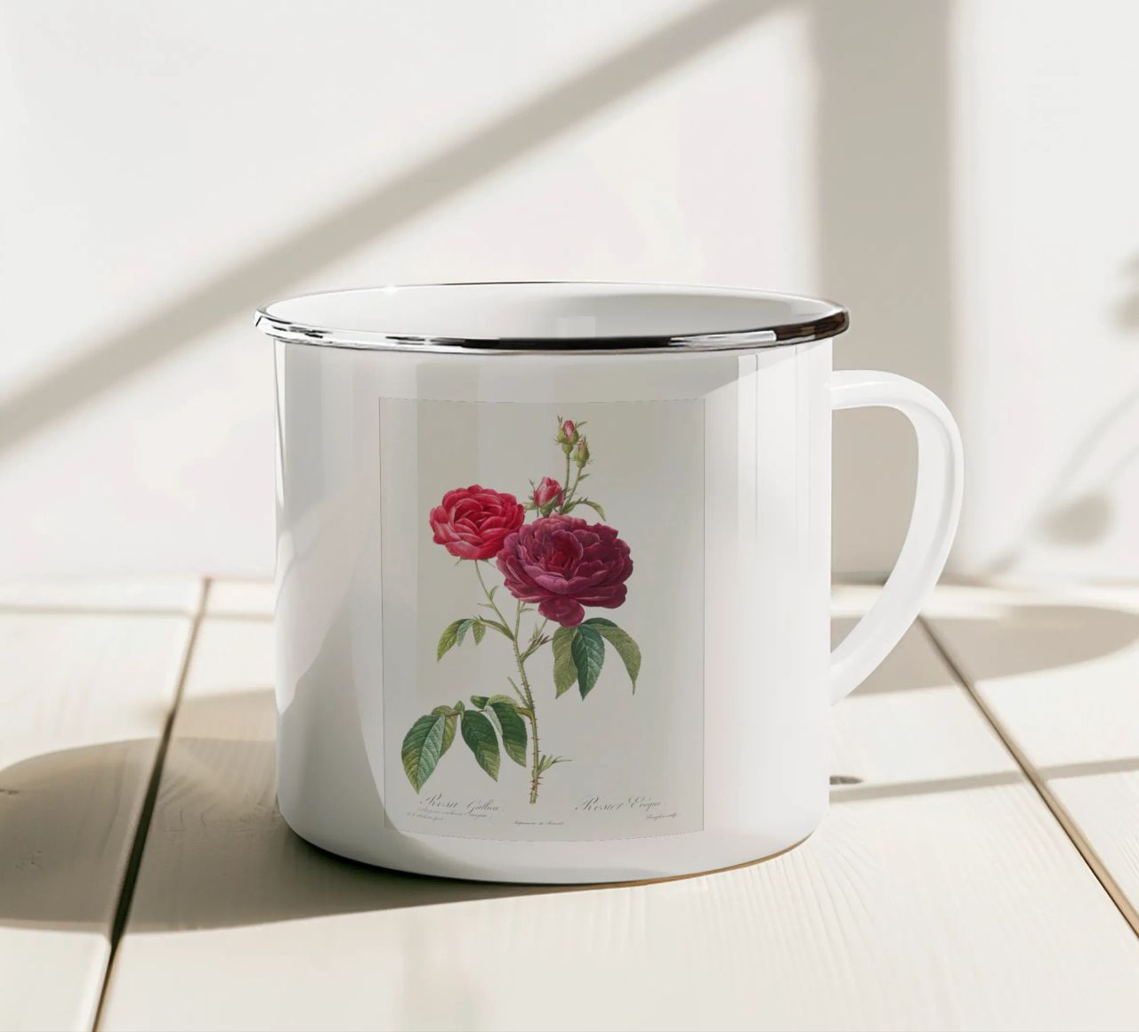 Rosa francese viola di Pierre-Joseph Redouté tazza in smalto da Vintage Botanical Prints
