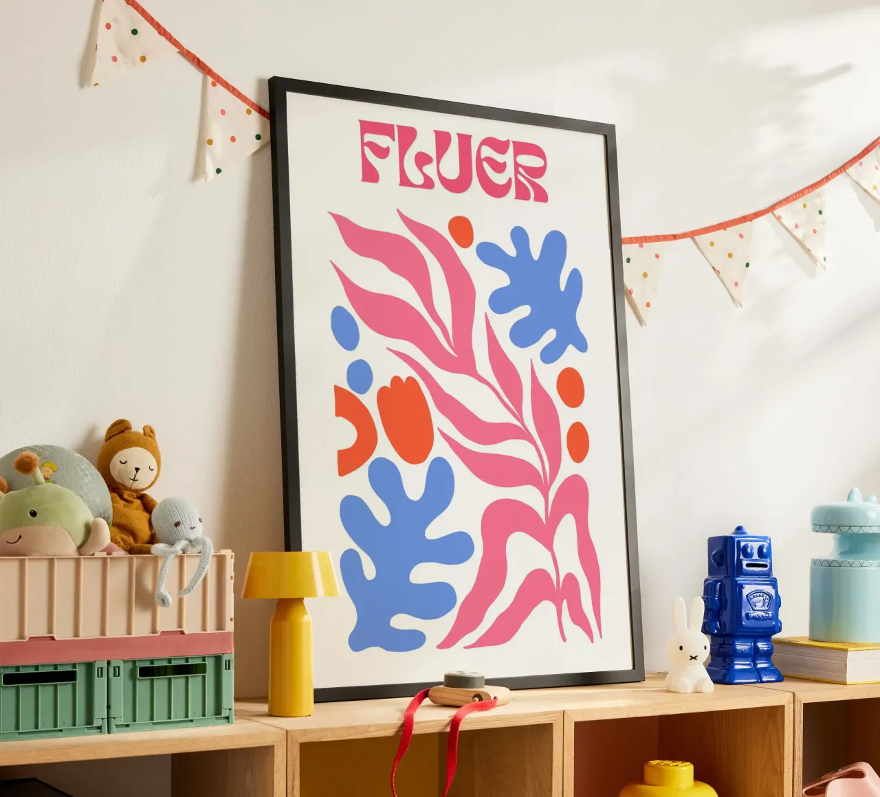 Fluer, Arte astratta floreale, Colori della dopamina poster con telaio in legno da pdigitalprints