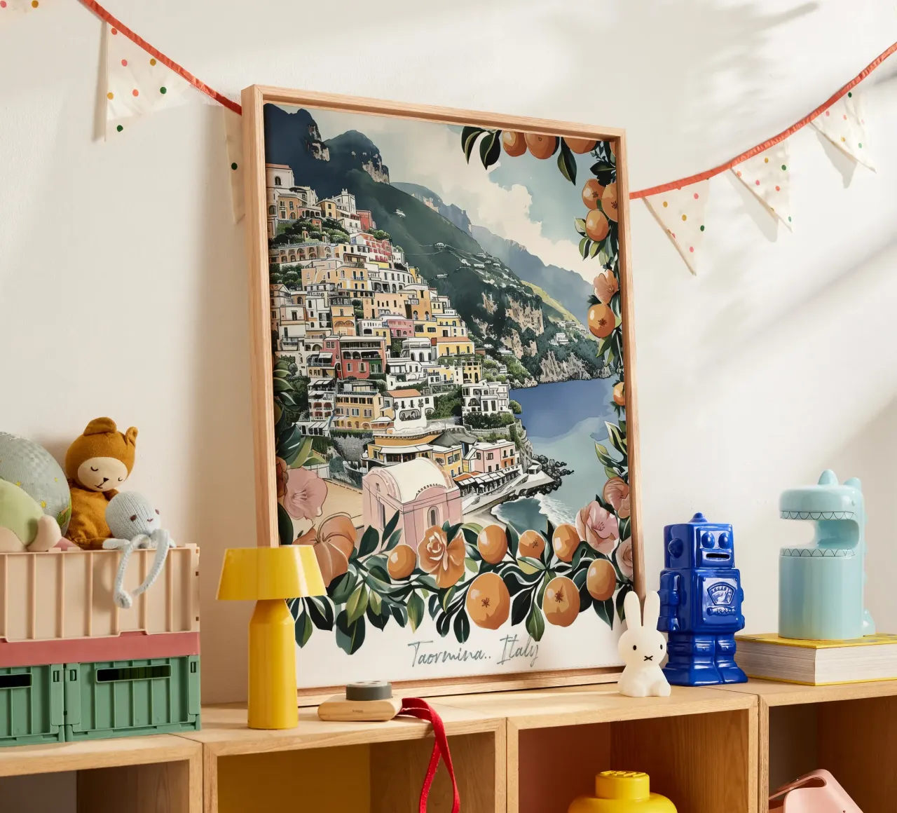 Taormine, Italie, aquarelle vue côtière avec oranges toile avec Caisse américaine de Peaches Art Prints