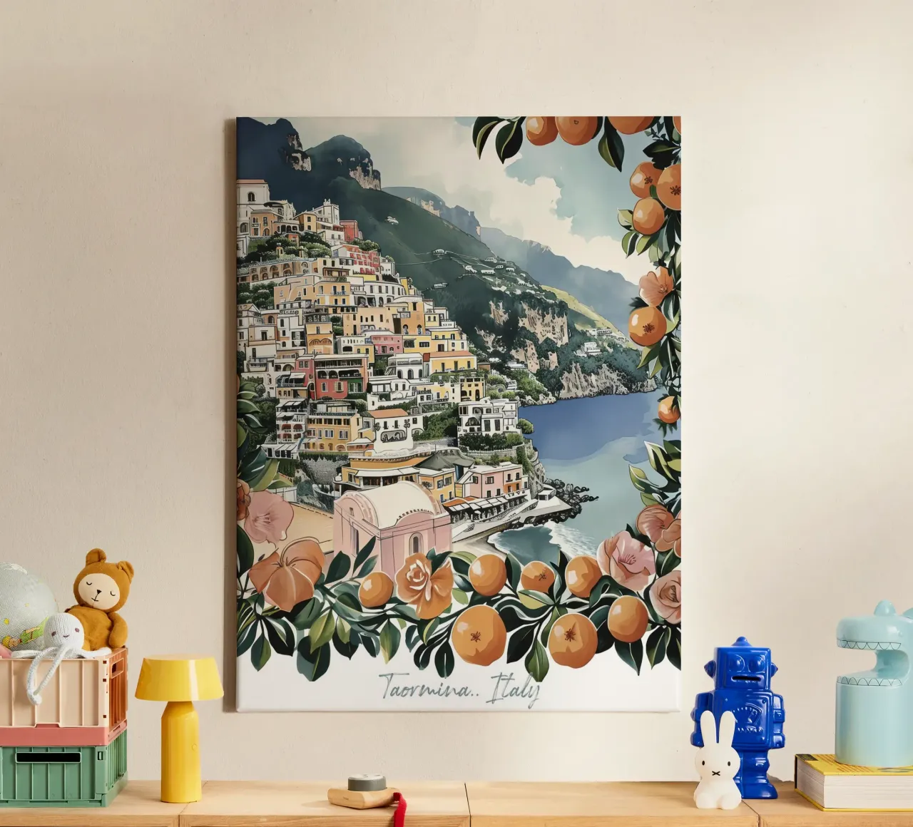 Taormine, Italie, aquarelle vue côtière avec oranges toile avec Caisse américaine de Peaches Art Prints