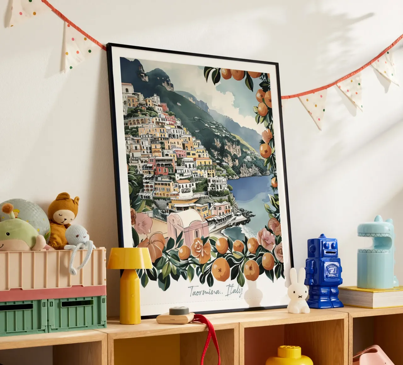 Taormine, Italie, aquarelle vue côtière avec oranges poster avec cadre en plastique de Peaches Art Prints