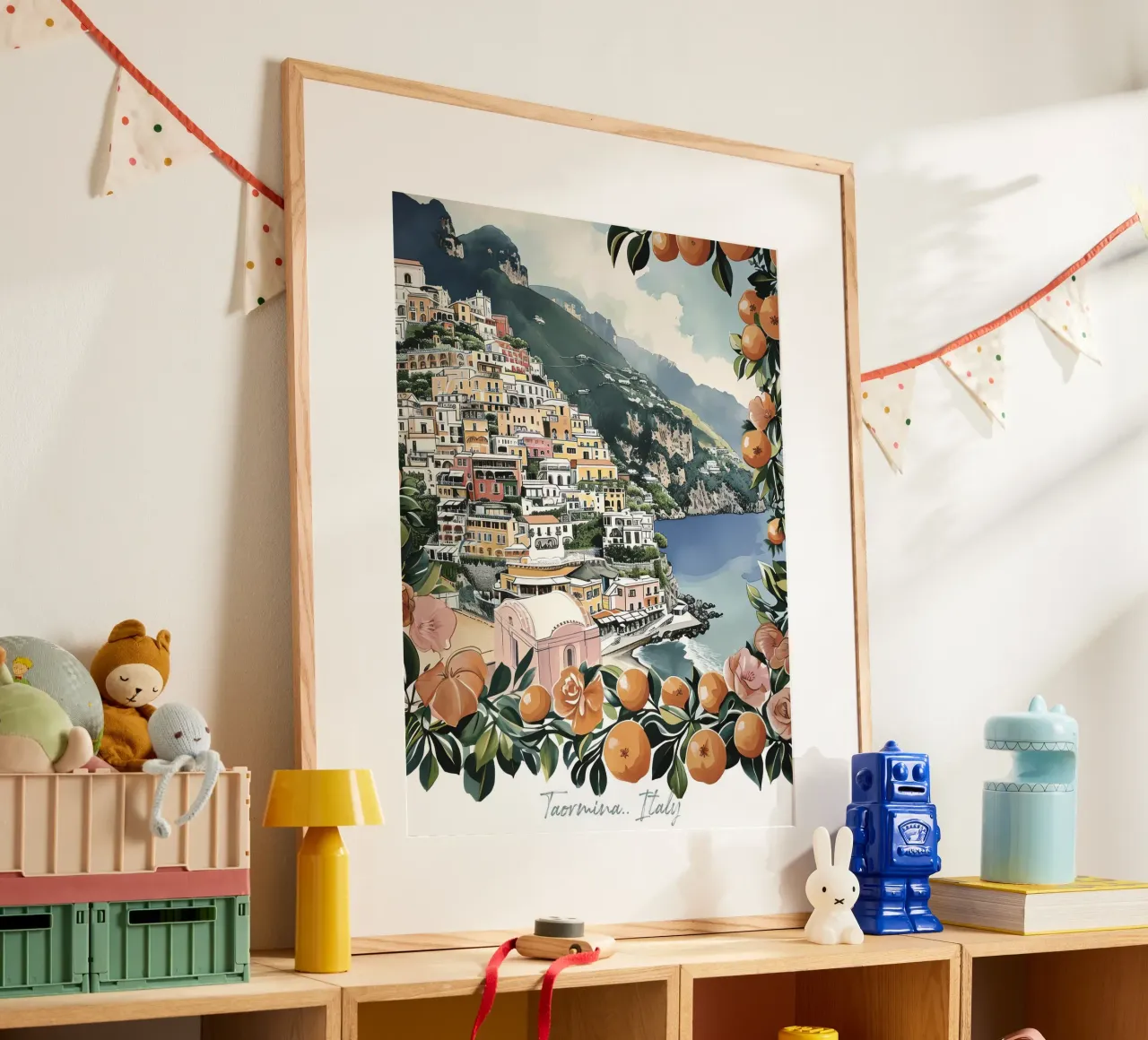 Taormine, Italie, aquarelle vue côtière avec oranges poster avec cadre en plastique de Peaches Art Prints