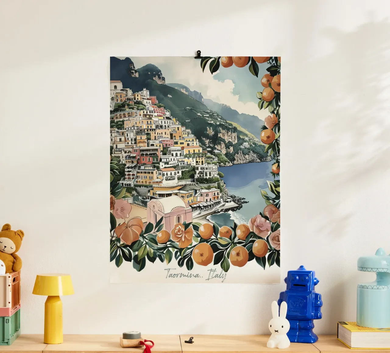 Taormine, Italie, aquarelle vue côtière avec oranges poster avec cadre en plastique de Peaches Art Prints