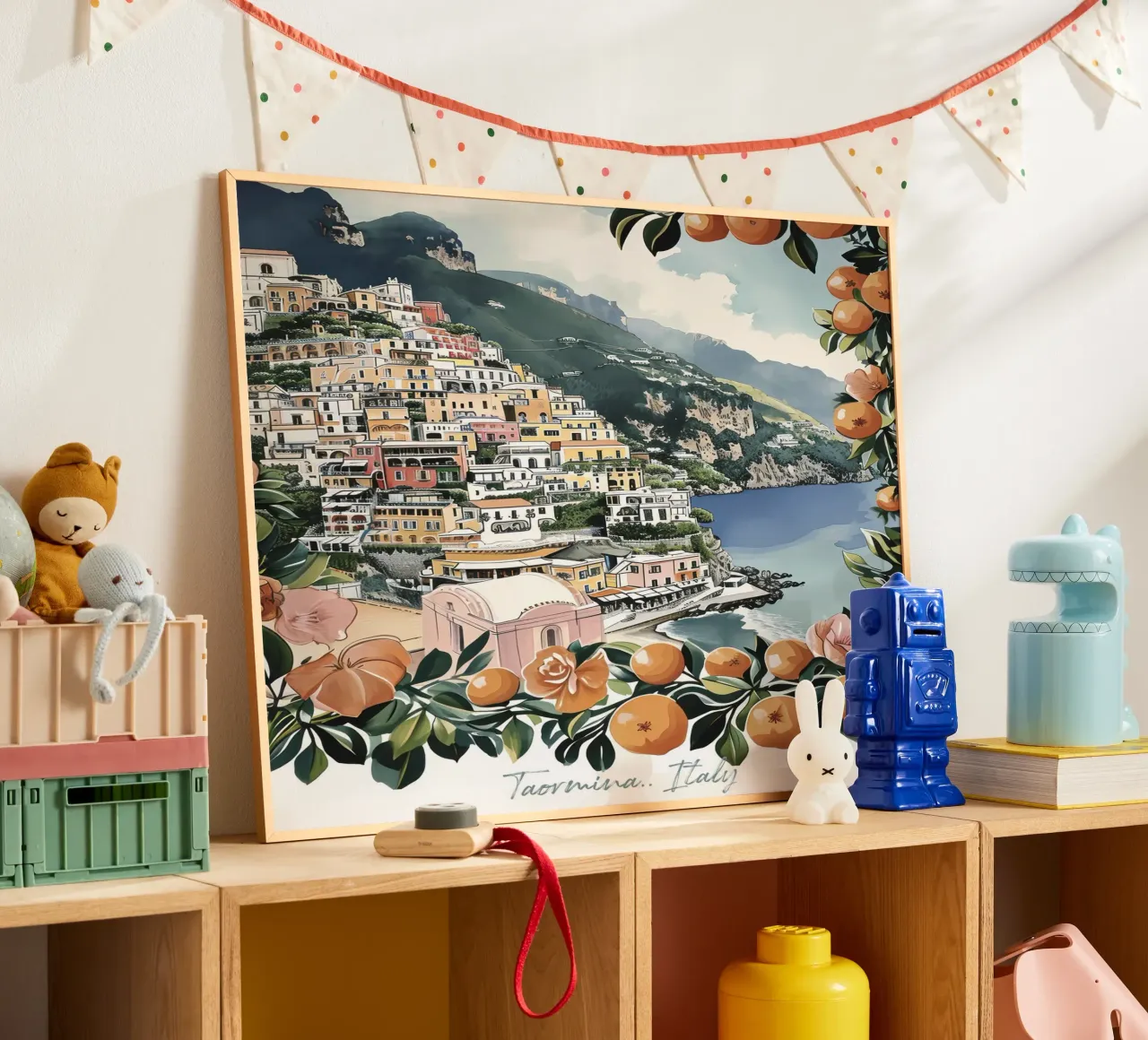 Taormine, Italie, aquarelle vue côtière avec oranges poster avec cadre en plastique de Peaches Art Prints
