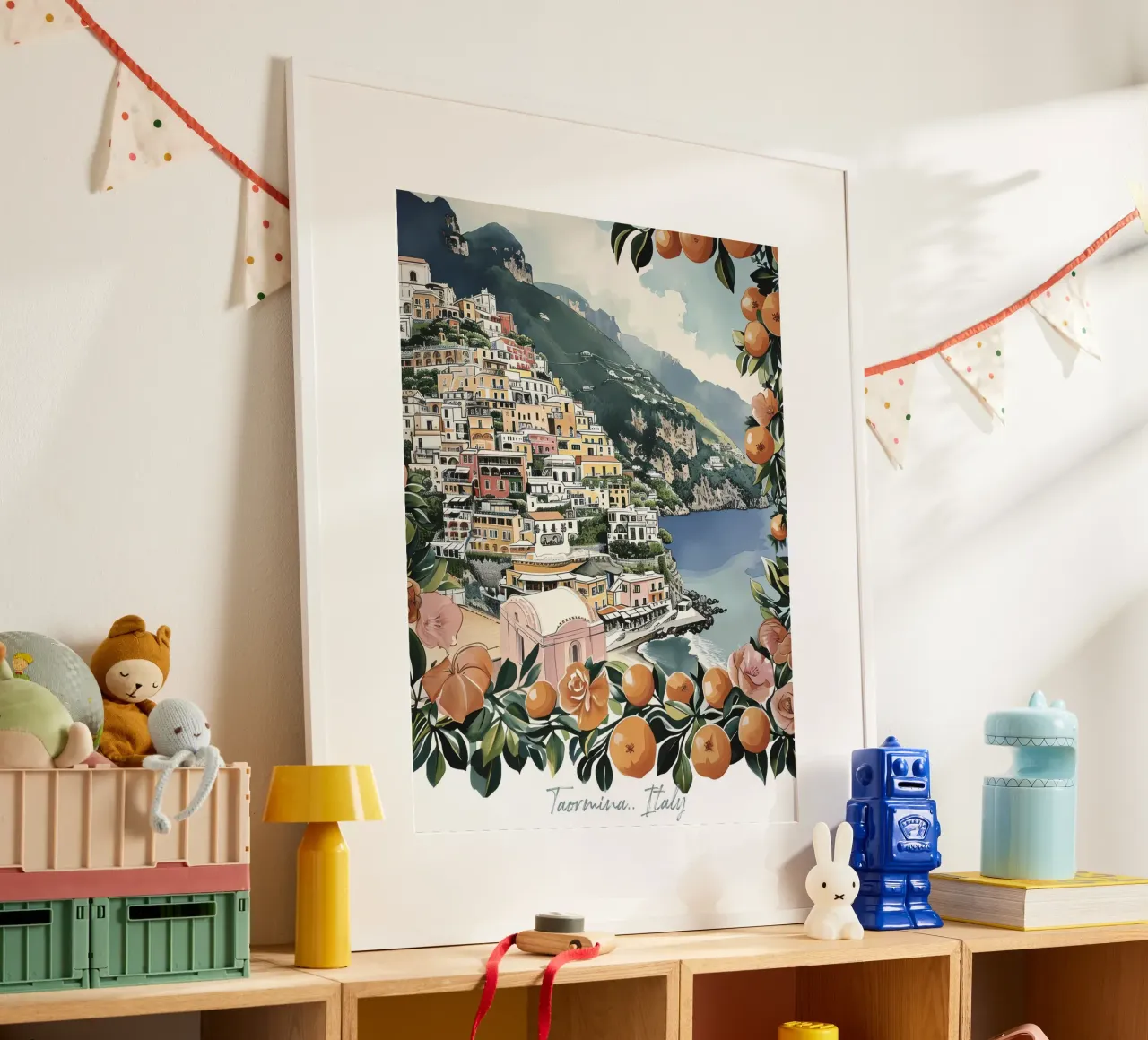 Taormine, Italie, aquarelle vue côtière avec oranges poster avec cadre en plastique de Peaches Art Prints