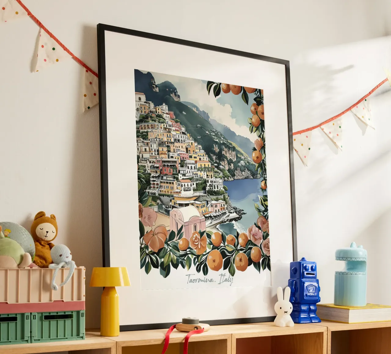 Taormine, Italie, aquarelle vue côtière avec oranges poster avec cadre en plastique de Peaches Art Prints