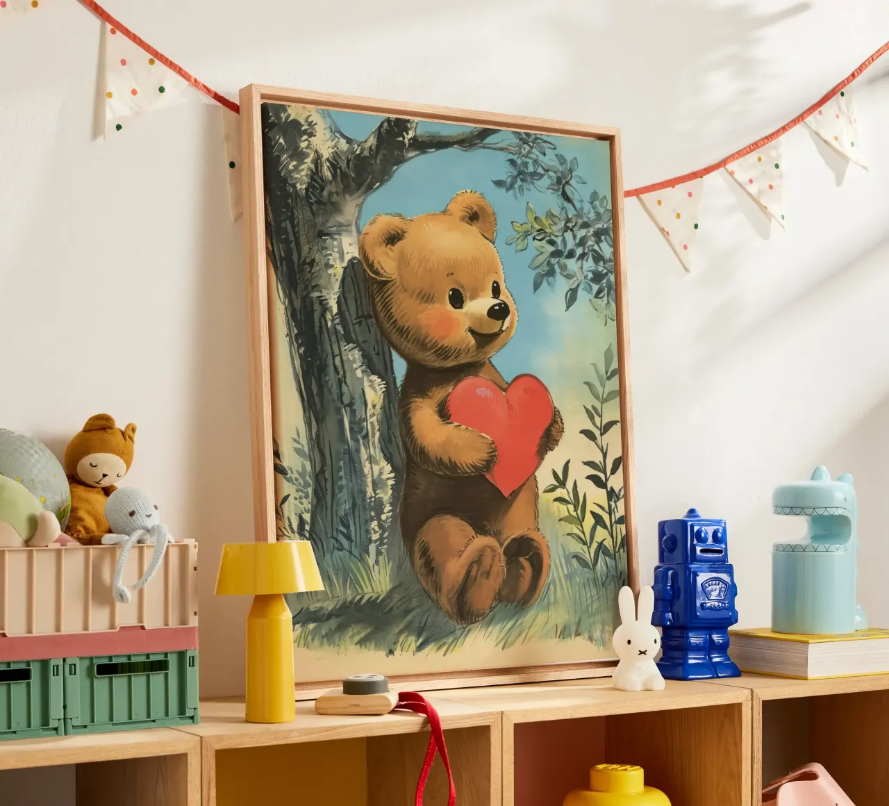 Valentines Day, Vintage Bear with Heart - Drawing canvas with Floater frame by Peaches Art Prints
