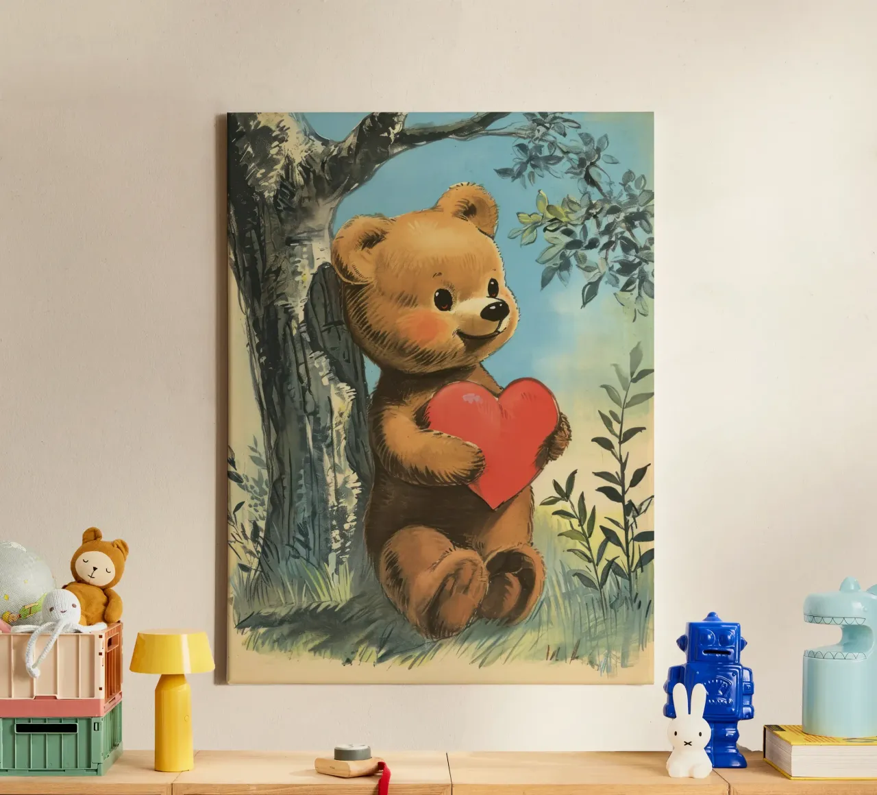 Valentines Day, Vintage Bear with Heart - Drawing canvas with Floater frame by Peaches Art Prints