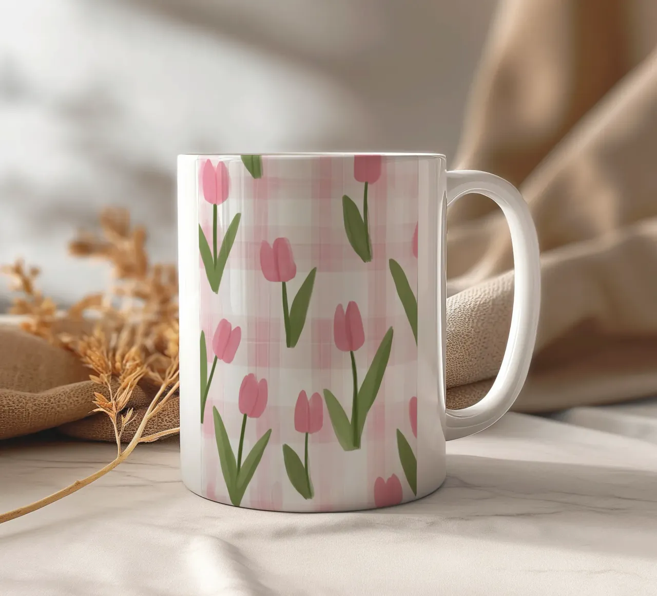 The Pink Tulips Bloom | Tulip pattern with check ceramic mug by Autofocus