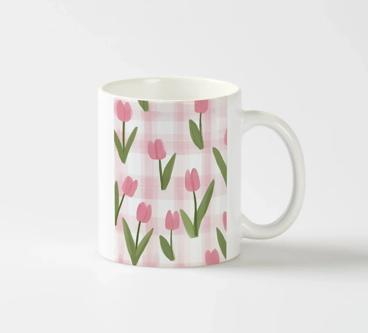 The Pink Tulips Bloom | Tulip pattern with check ceramic mug by Autofocus