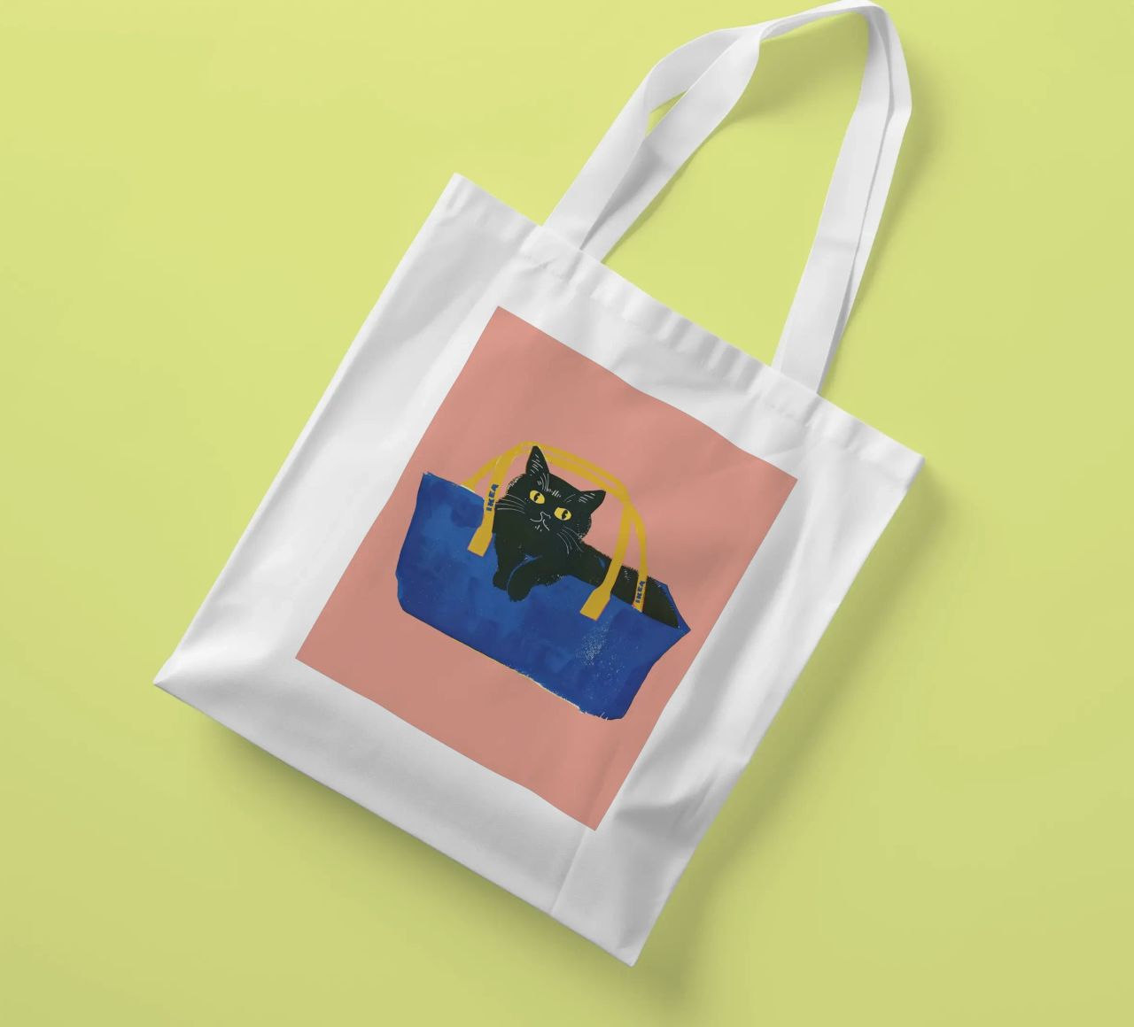 Schwarze Katze in einer blauen Tasche Illustration Jutebeutel von Peaches Art Prints