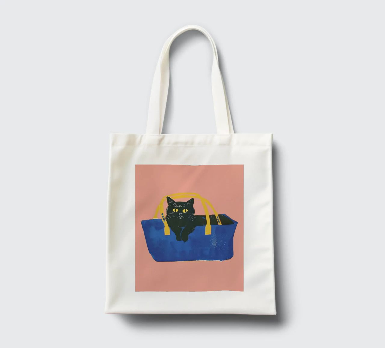Schwarze Katze in einer blauen Tasche Illustration Jutebeutel von Peaches Art Prints