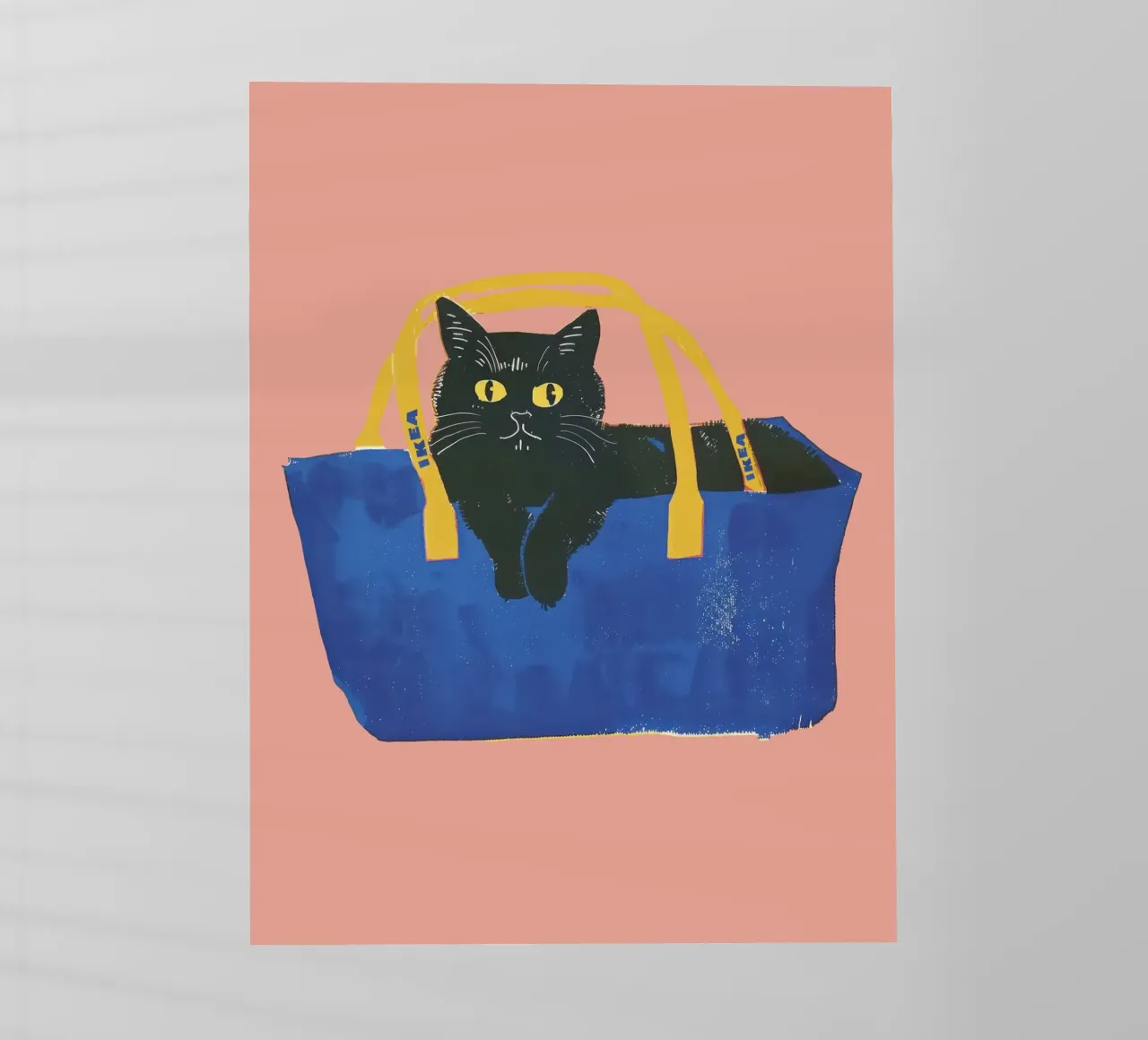 Illustrazione di un gatto nero in una borsa blu pellicola backlit da Peaches Art Prints