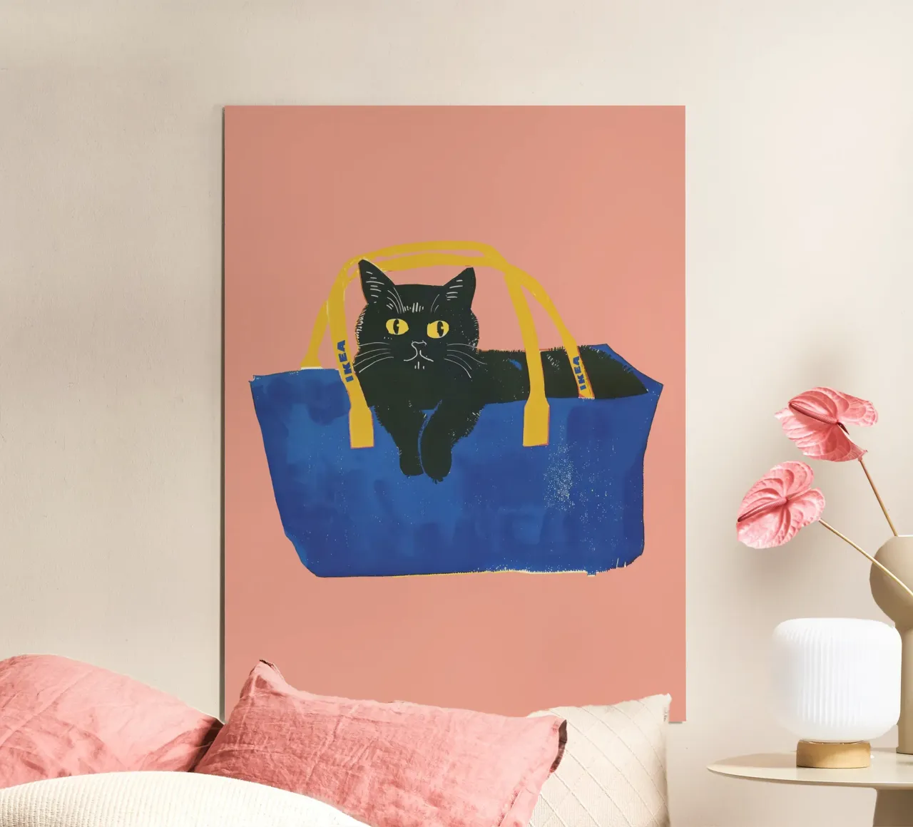 Illustrazione di un gatto nero in una borsa blu poster con telaio in alluminio da Peaches Art Prints