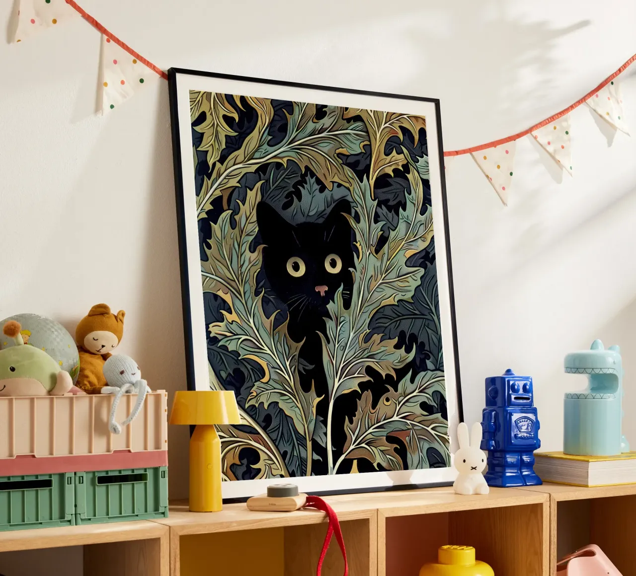 Stampa gatto inWilliam Morris Botanical, Gatto nero floreale poster con telaio in legno da Peaches Art Prints