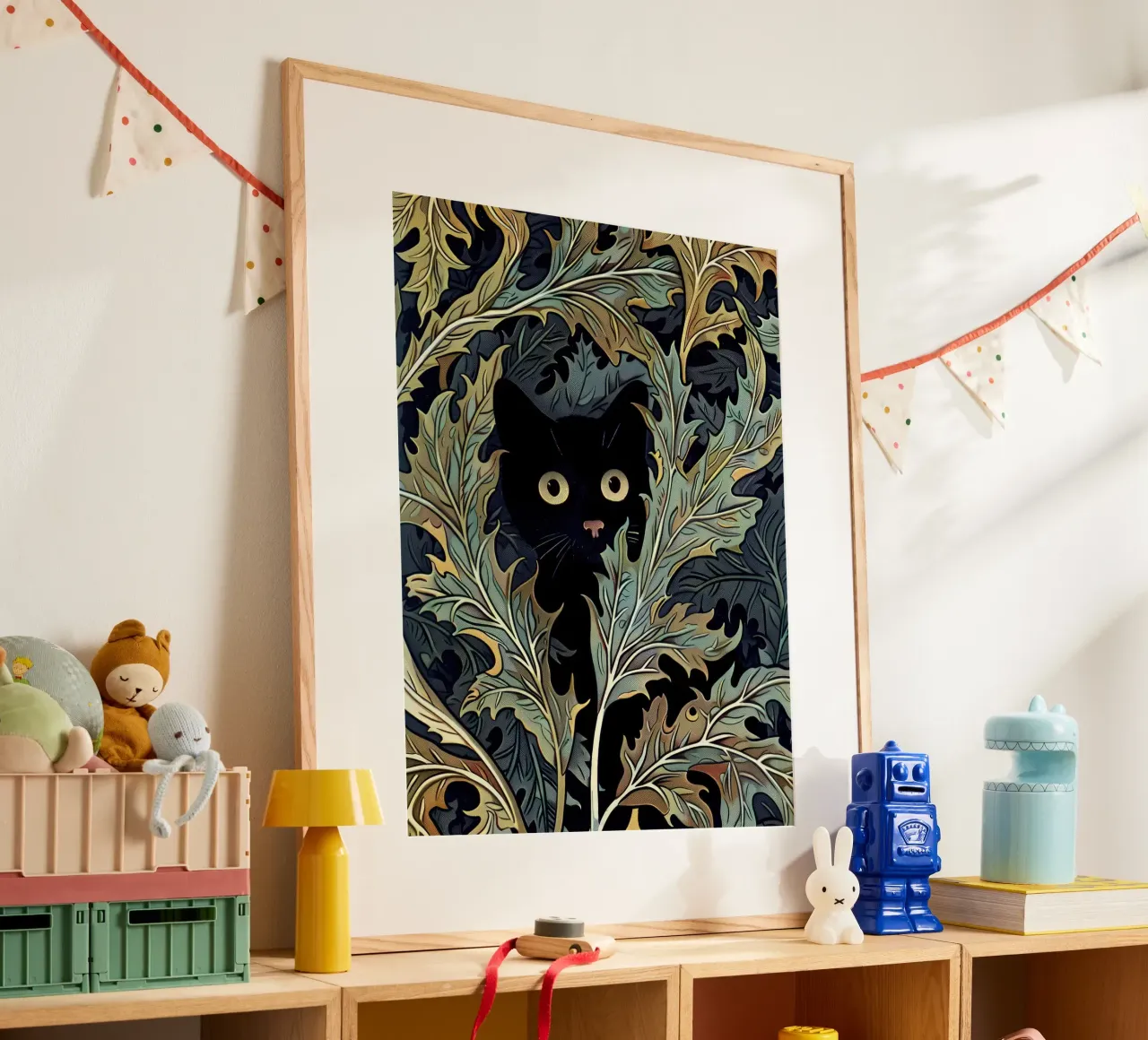 Stampa gatto inWilliam Morris Botanical, Gatto nero floreale poster con telaio in legno da Peaches Art Prints