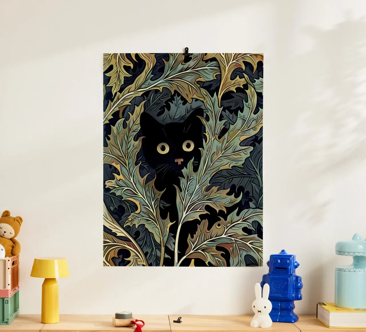 Stampa gatto inWilliam Morris Botanical, Gatto nero floreale poster con telaio in legno da Peaches Art Prints