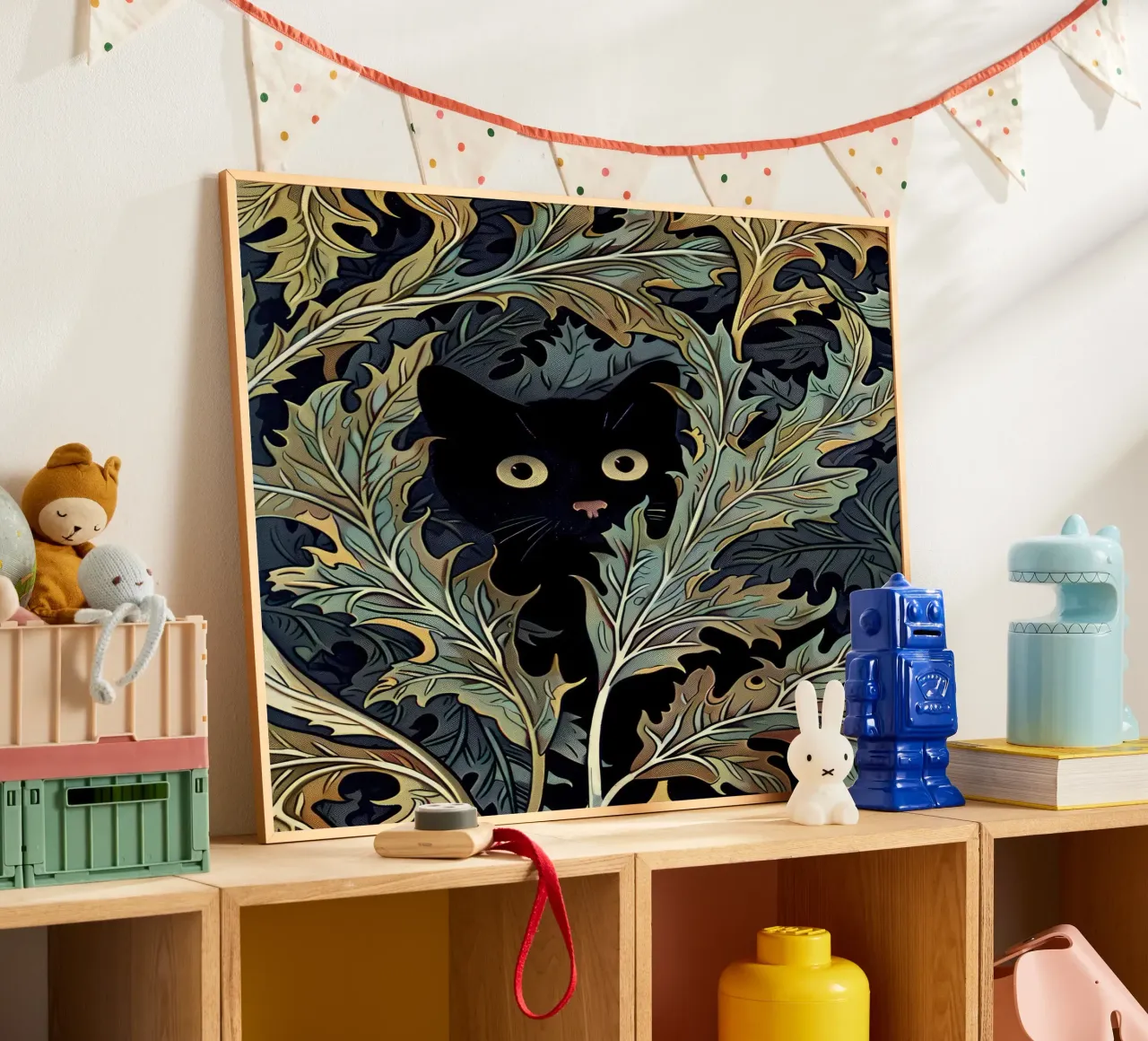 Stampa gatto inWilliam Morris Botanical, Gatto nero floreale poster con telaio in legno da Peaches Art Prints