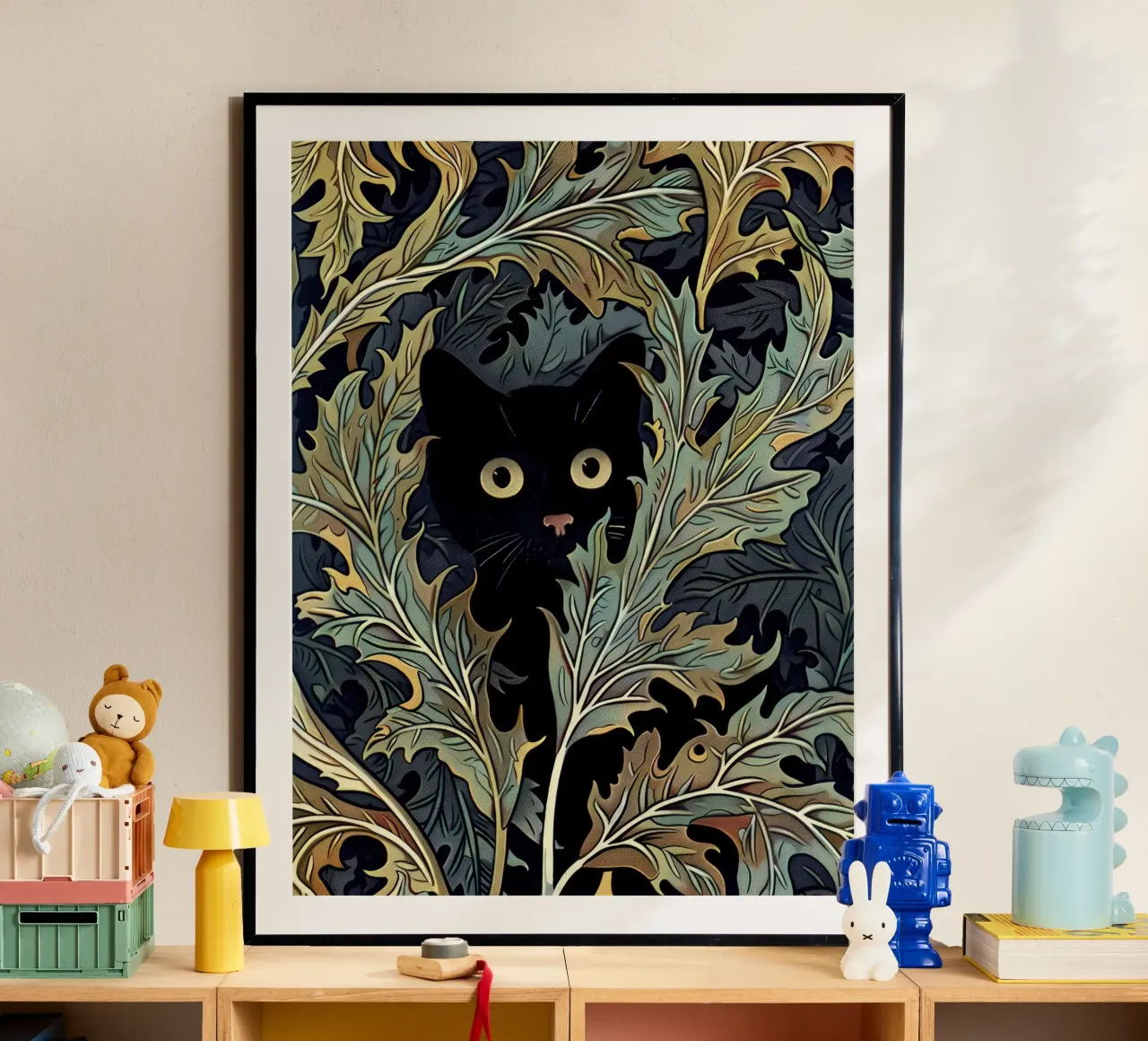 Stampa gatto inWilliam Morris Botanical, Gatto nero floreale poster con telaio in legno da Peaches Art Prints
