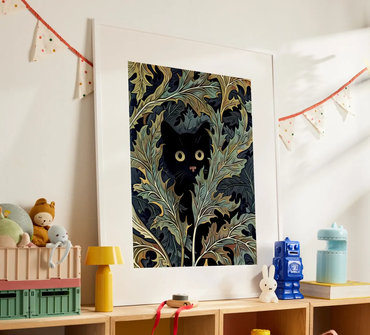 Stampa gatto inWilliam Morris Botanical, Gatto nero floreale poster con telaio in legno da Peaches Art Prints