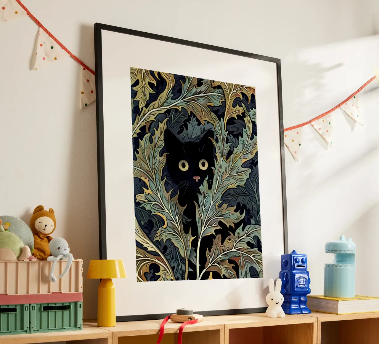 Stampa gatto inWilliam Morris Botanical, Gatto nero floreale poster con telaio in legno da Peaches Art Prints