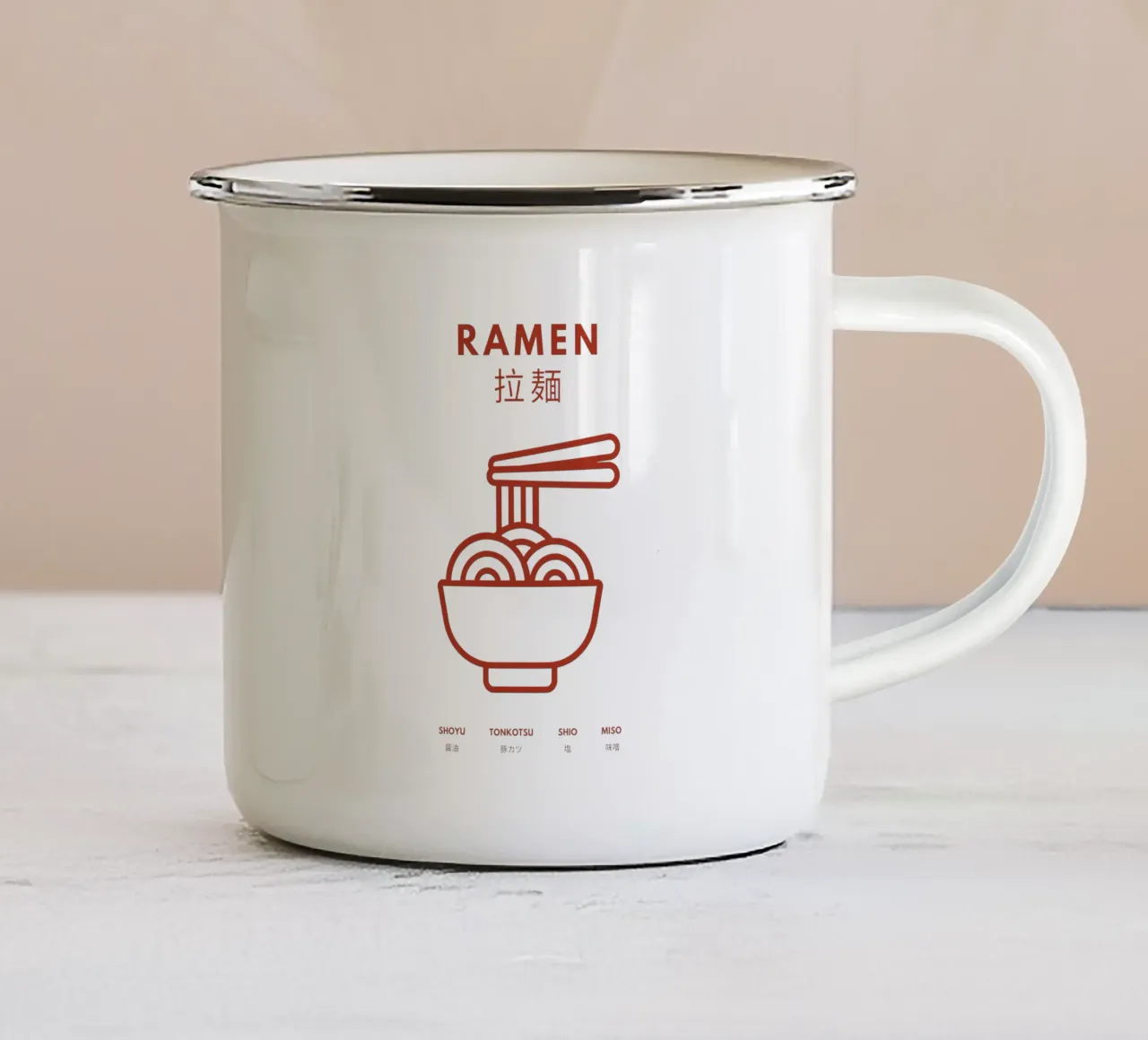 Ramen, illustrazione di cucina giapponese tazza in smalto da Peaches Art Prints