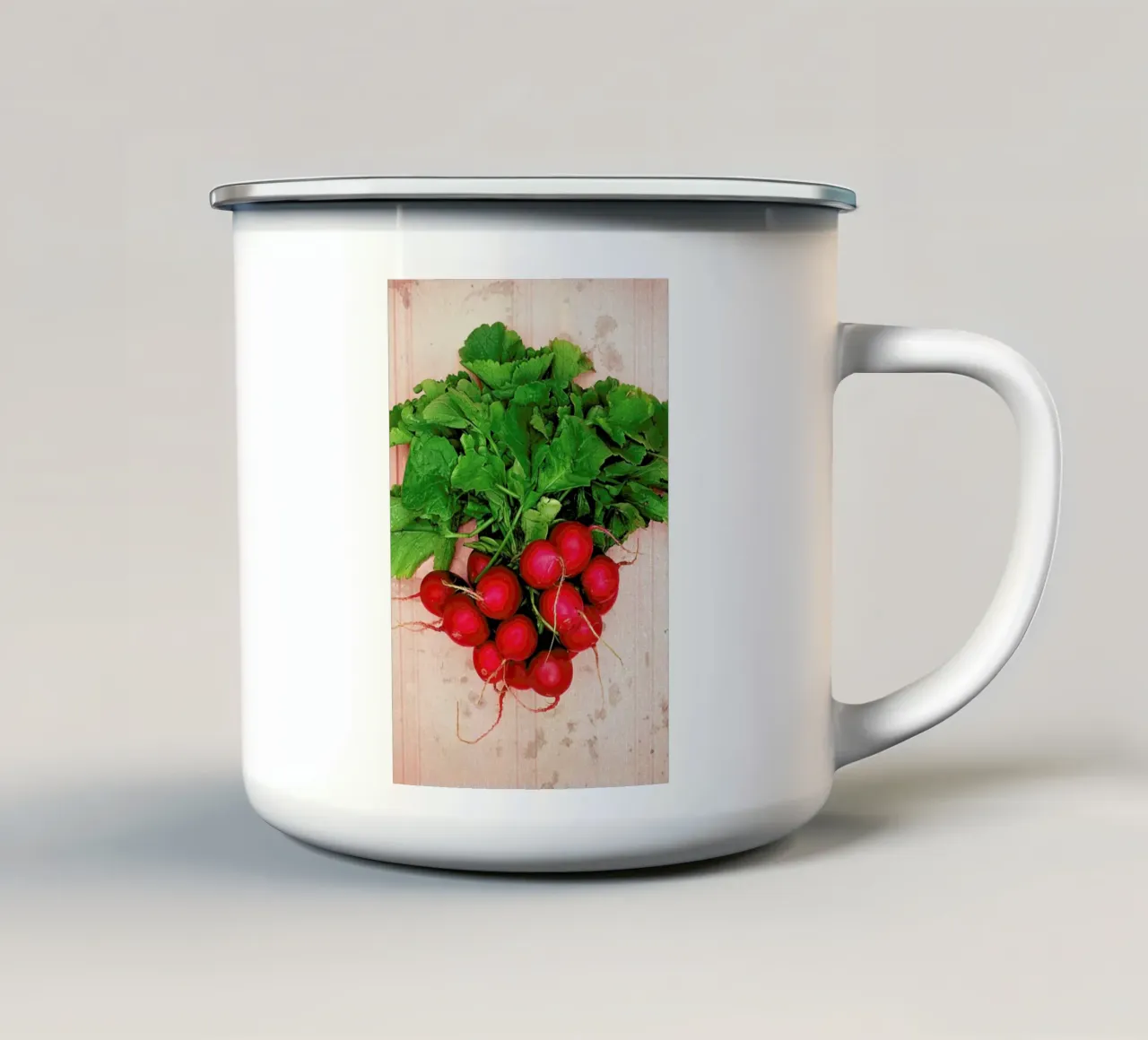 Radishes enamel mug by Keri Bevan