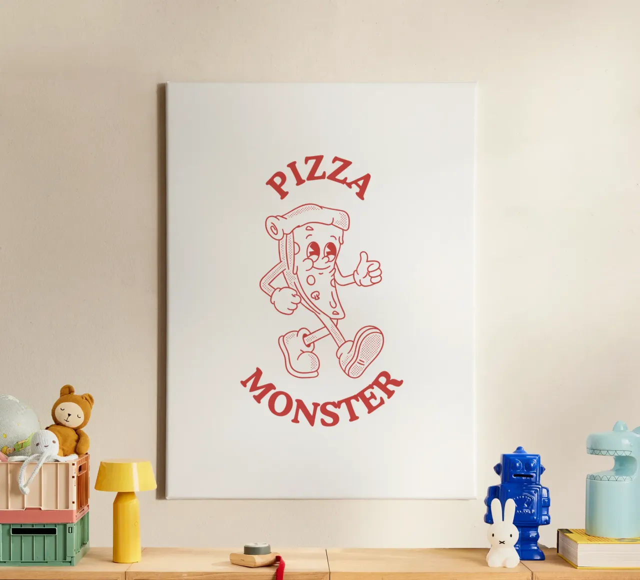 Illustratie van het pizzamonster in rood canvas met Baklijst van Peaches Art Prints