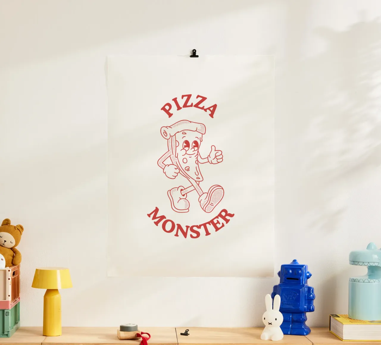 Illustrazione del cartone animato del mostro della pizza in rosso poster con telaio in plastica da Peaches Art Prints