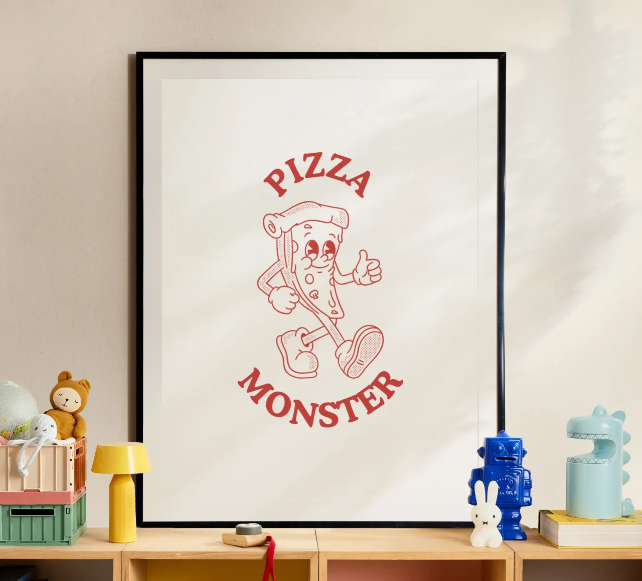 Illustrazione del cartone animato del mostro della pizza in rosso poster con telaio in plastica da Peaches Art Prints