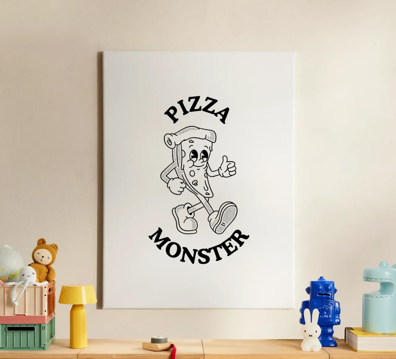 Pizza Monster, Retro Beeldverhaal Zwart canvas met Baklijst van Peaches Art Prints