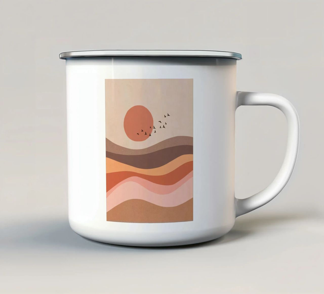 Troupeau d'oiseaux sur un paysage au lever du soleil - Mocha Mousse mug en émail de Dominique Vari