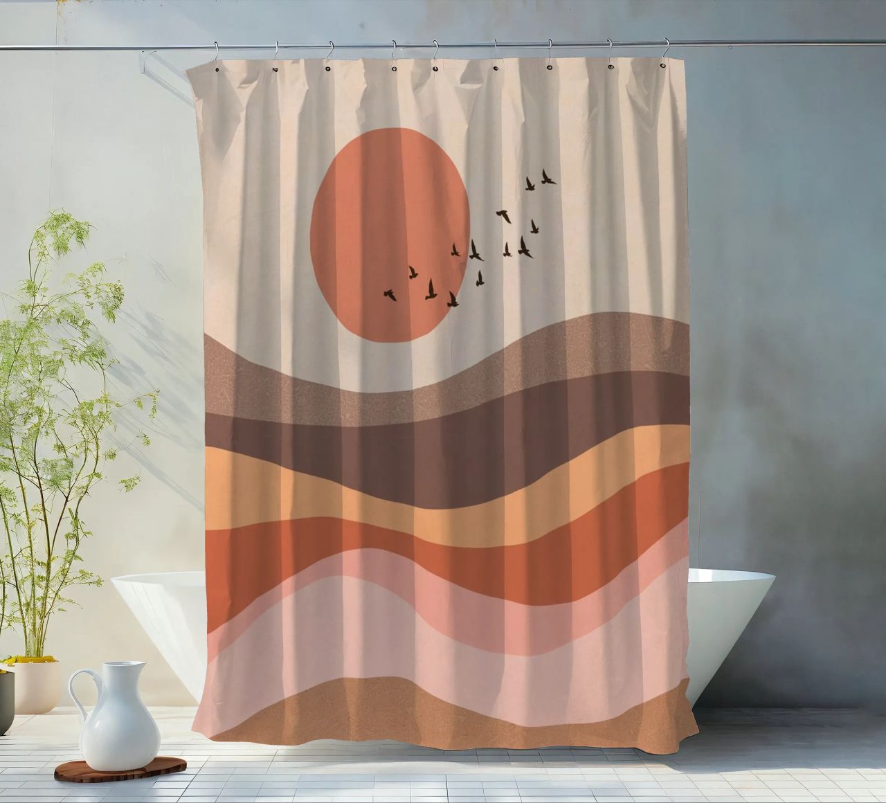 Vogelschwarm bei Sonnenaufgang Landschaft - Mocha Mousse Duschvorhang von Dominique Vari