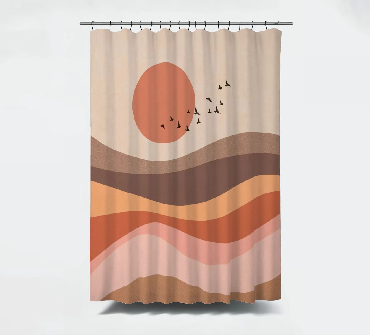Vogelschwarm bei Sonnenaufgang Landschaft - Mocha Mousse Duschvorhang von Dominique Vari