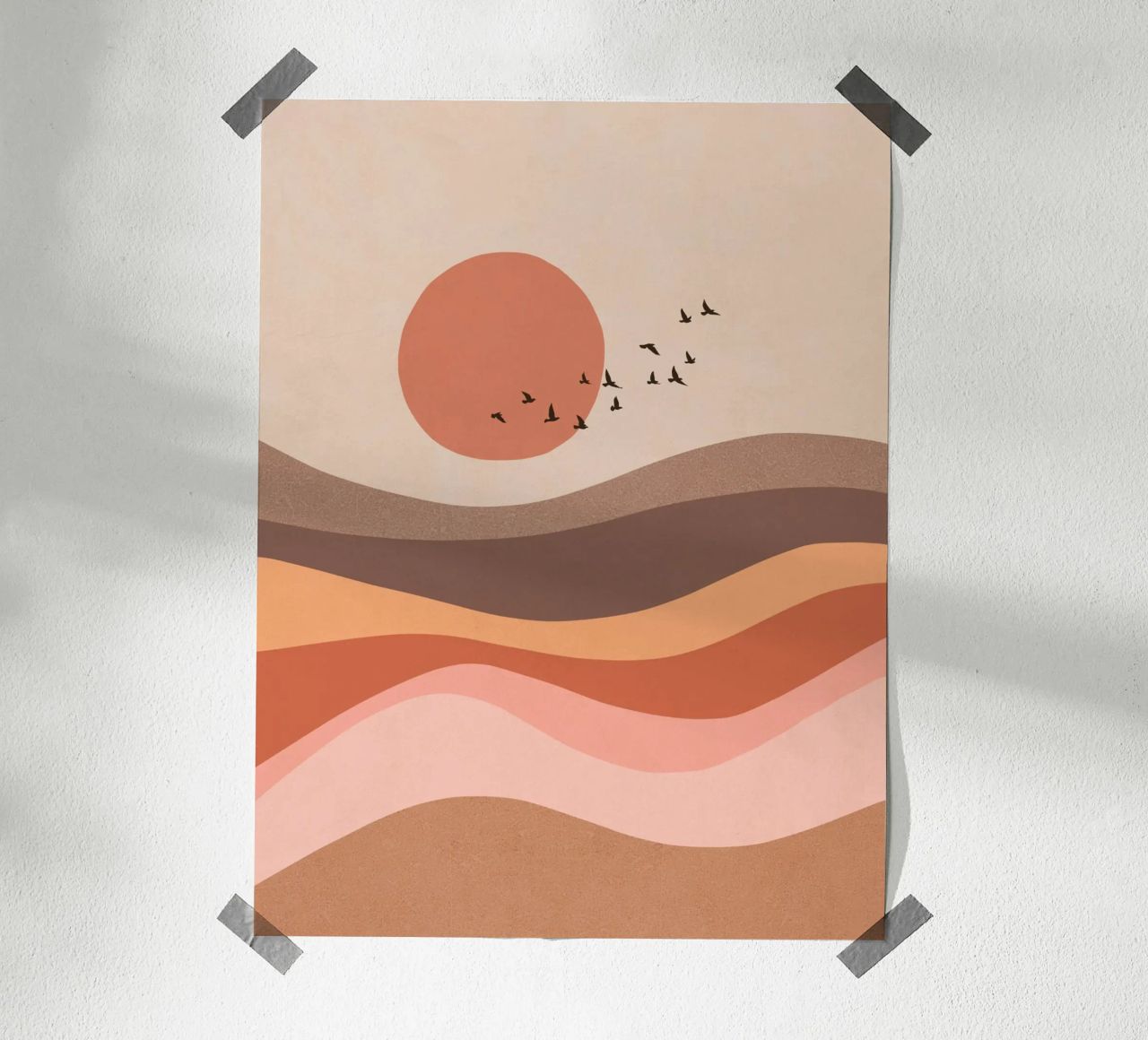 Troupeau d'oiseaux sur un paysage au lever du soleil - Mocha Mousse poster de Dominique Vari