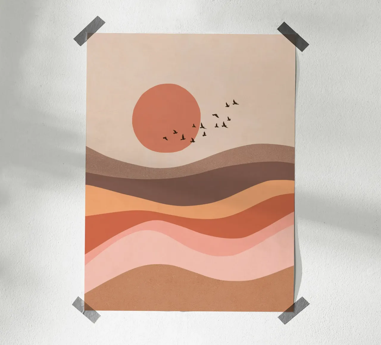 Troupeau d'oiseaux sur un paysage au lever du soleil - Mocha Mousse poster avec cadre en bois de Dominique Vari