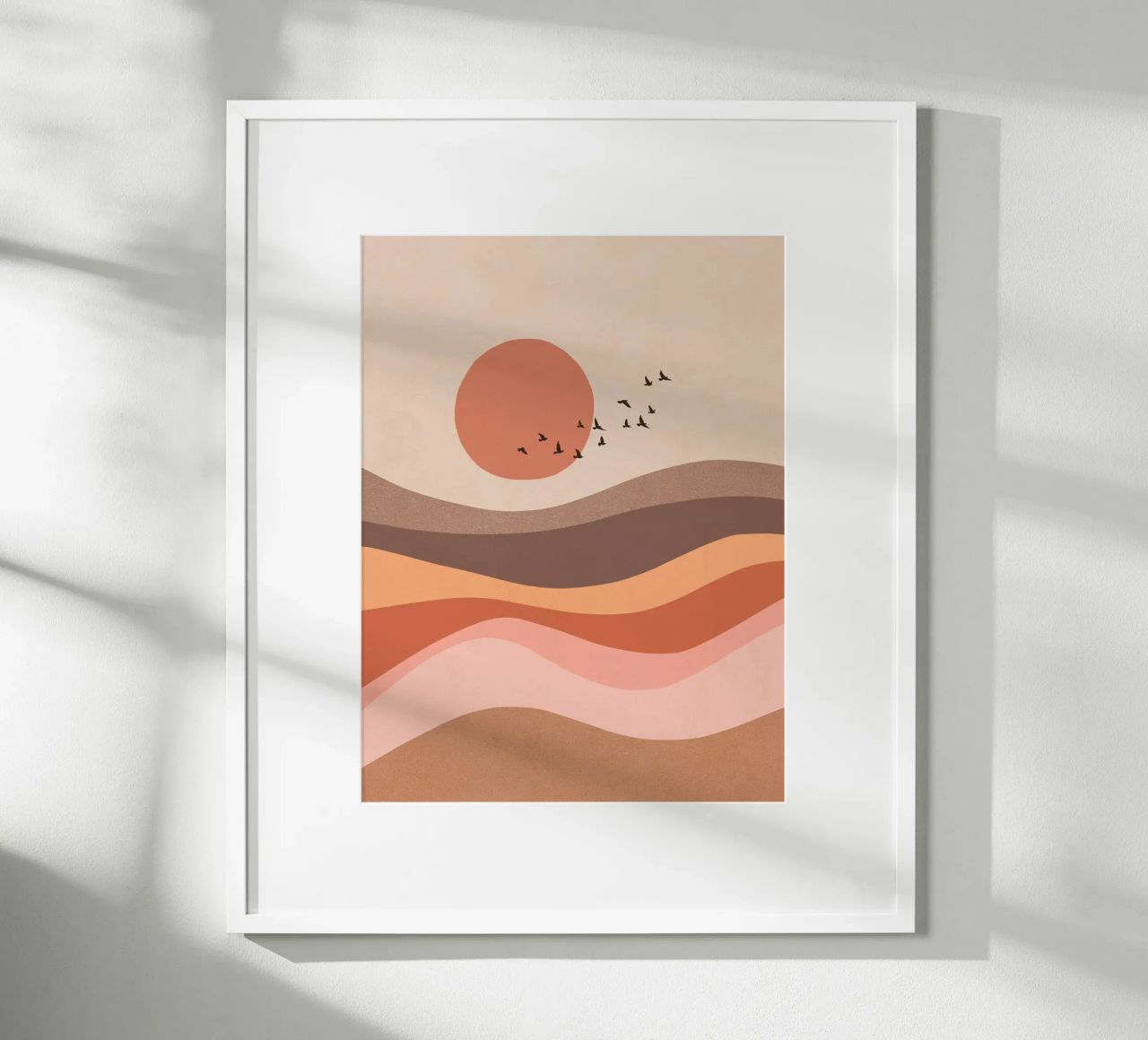 Troupeau d'oiseaux sur un paysage au lever du soleil - Mocha Mousse poster de Dominique Vari